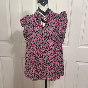 Jade Pink and Black Ruffled Cap Sleeve Blouse